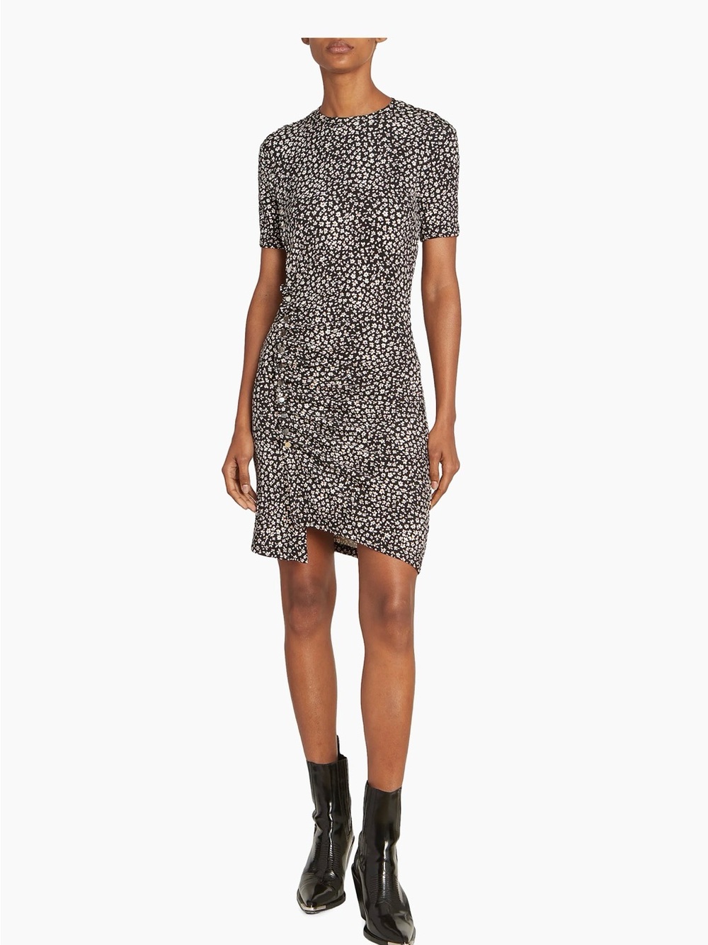 Paco Rabanne Black and White Printed Short Sleeve Ruched Mini Dress